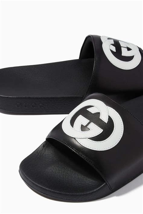 leather gucci slides|Gucci interlocking slides.